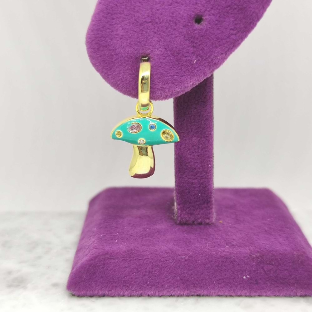 YEŞİL MİNELİ MANTAR GÜMÜŞ TEK HALKA KÜPE - ALTIN SARI