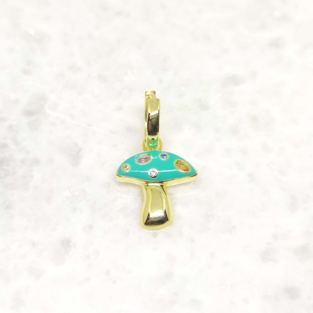 YEŞİL MİNELİ MANTAR GÜMÜŞ TEK HALKA KÜPE - ALTIN SARI