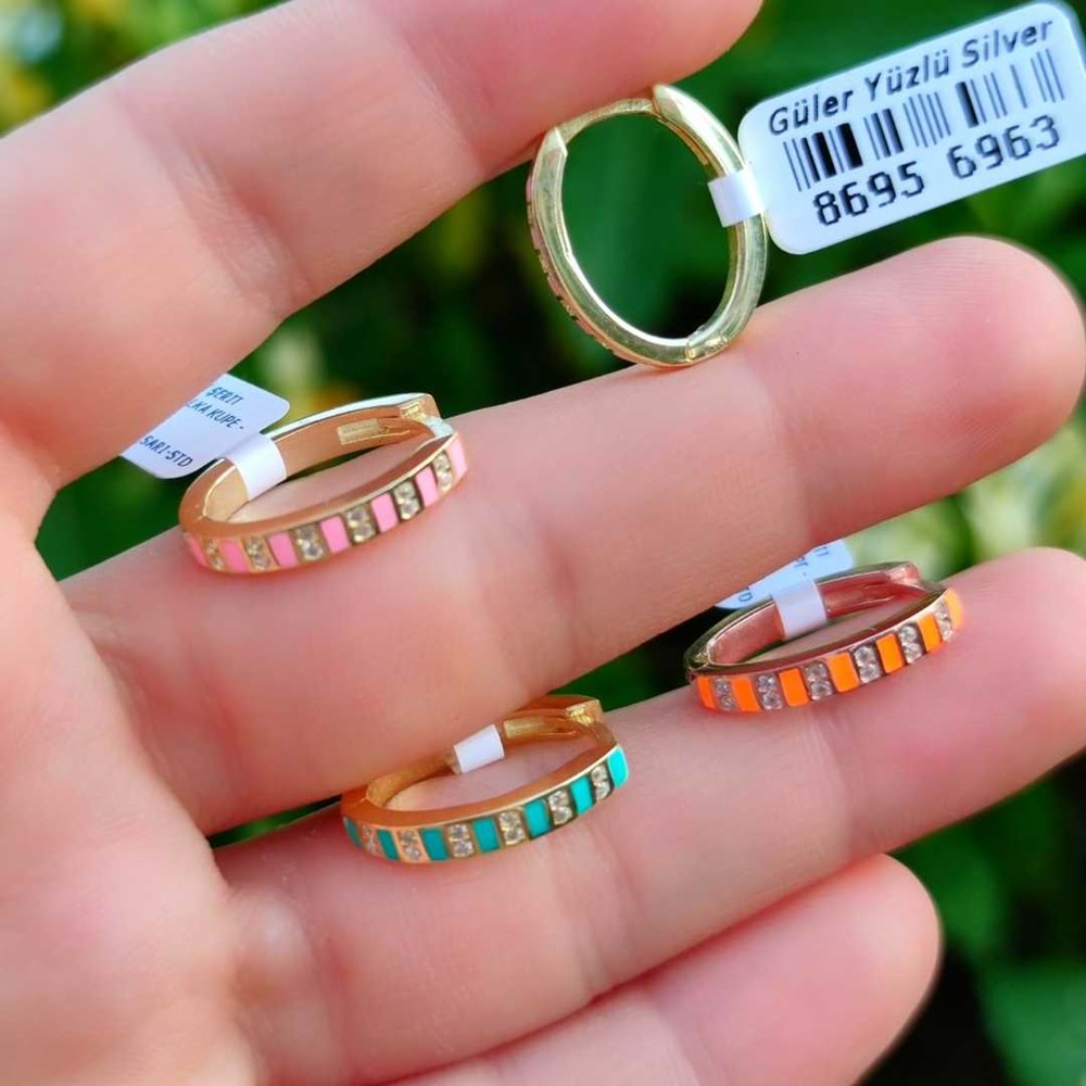 PEMBE MİNELİ ŞERİT GÜMÜŞ TEK HALKA KÜPE - ALTIN SARI