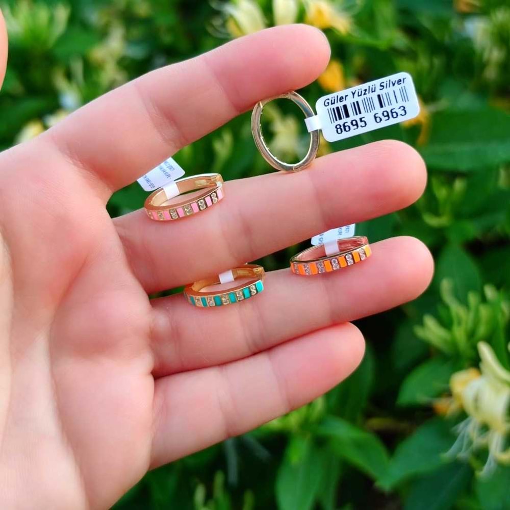 PEMBE MİNELİ ŞERİT GÜMÜŞ TEK HALKA KÜPE - ALTIN SARI