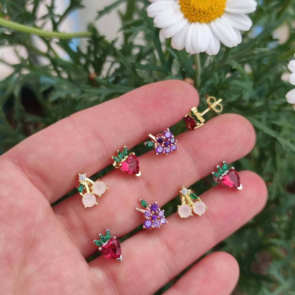 PEMBE TAŞLI KİRAZ TEK GÜMÜŞ KÜPE - ALTIN SARI