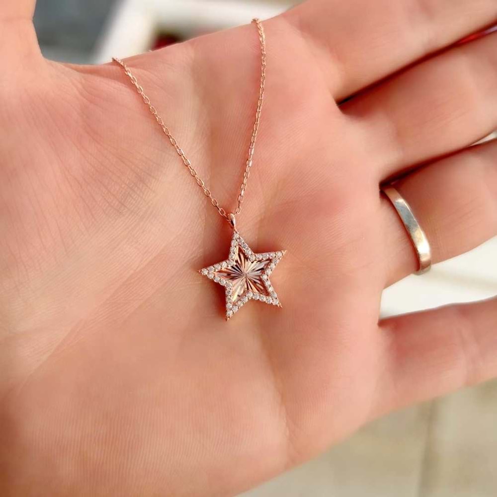 LAZER KALEMLİ YILDIZ GÜMÜŞ KOLYE - RODYUM BEYAZ