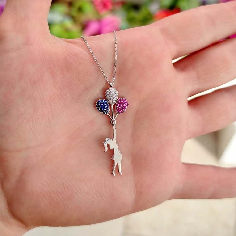 RENKLİ BALON KIZ GÜMÜŞ KOLYE - RODYUM BEYAZ