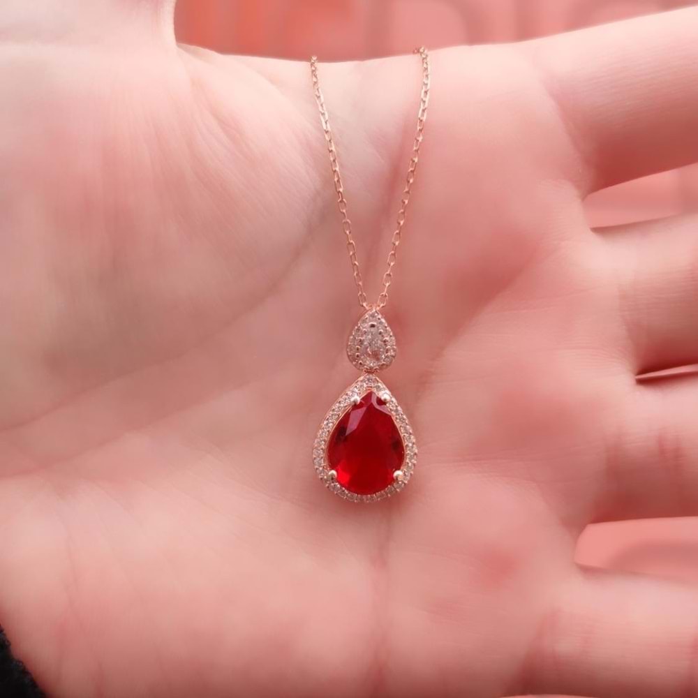 KIRMIZI TAŞLI DAMLA GÜMÜŞ KOLYE - ROSE BAKIR