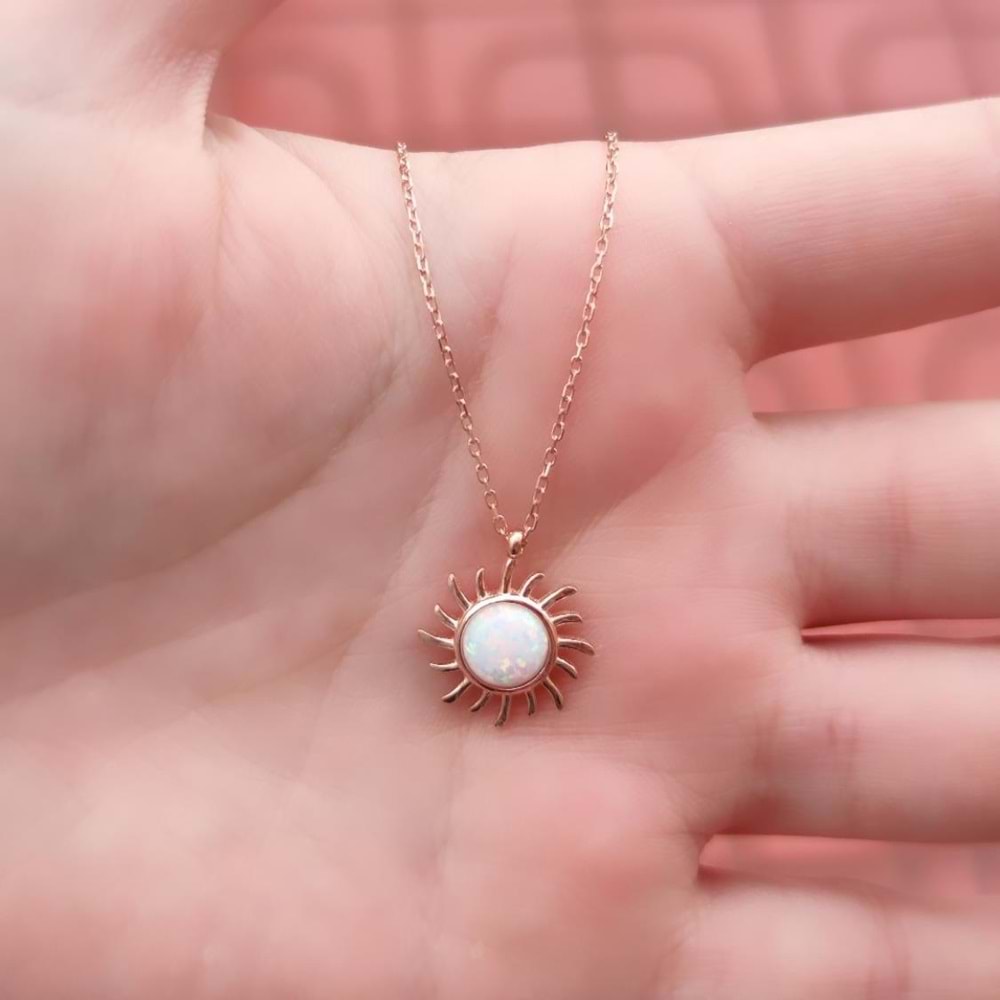 OPAL TAŞLI GÜNEŞ GÜMÜŞ KOLYE - RODYUM BEYAZ