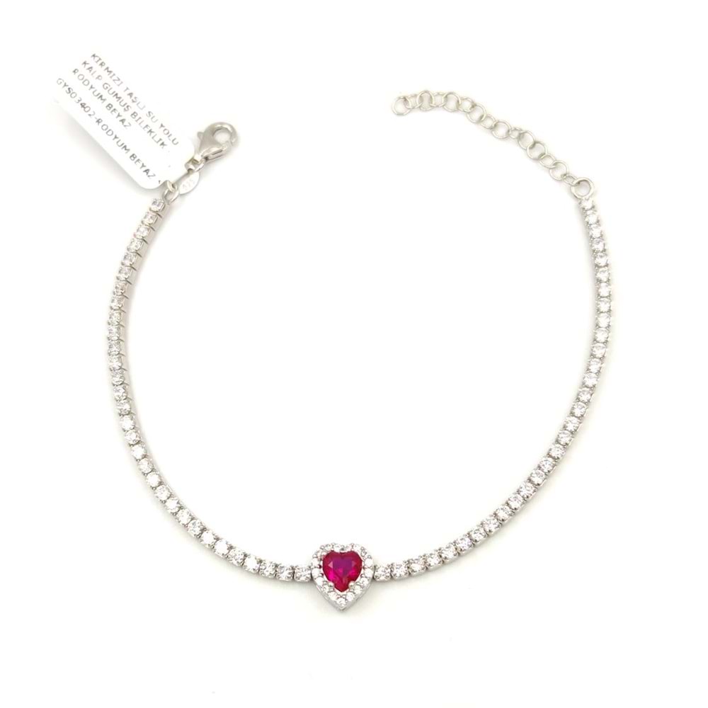 KIRMIZI TAŞLI SU YOLU KALP GÜMÜŞ BİLEKLİK - RODYUM BEYAZ