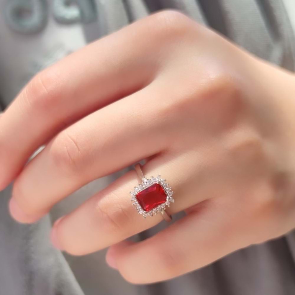 KIRMIZI BAGET GÜMÜŞ YÜZÜK - RODYUM BEYAZ - 14