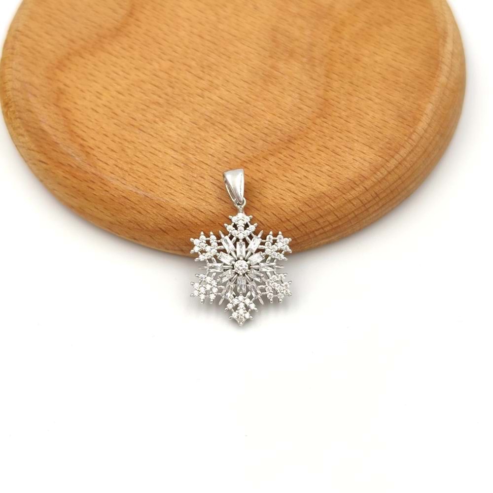 BAGET TAŞLI KAR TANESİ GÜMÜŞ KOLYE UCU - RODYUM BEYAZ