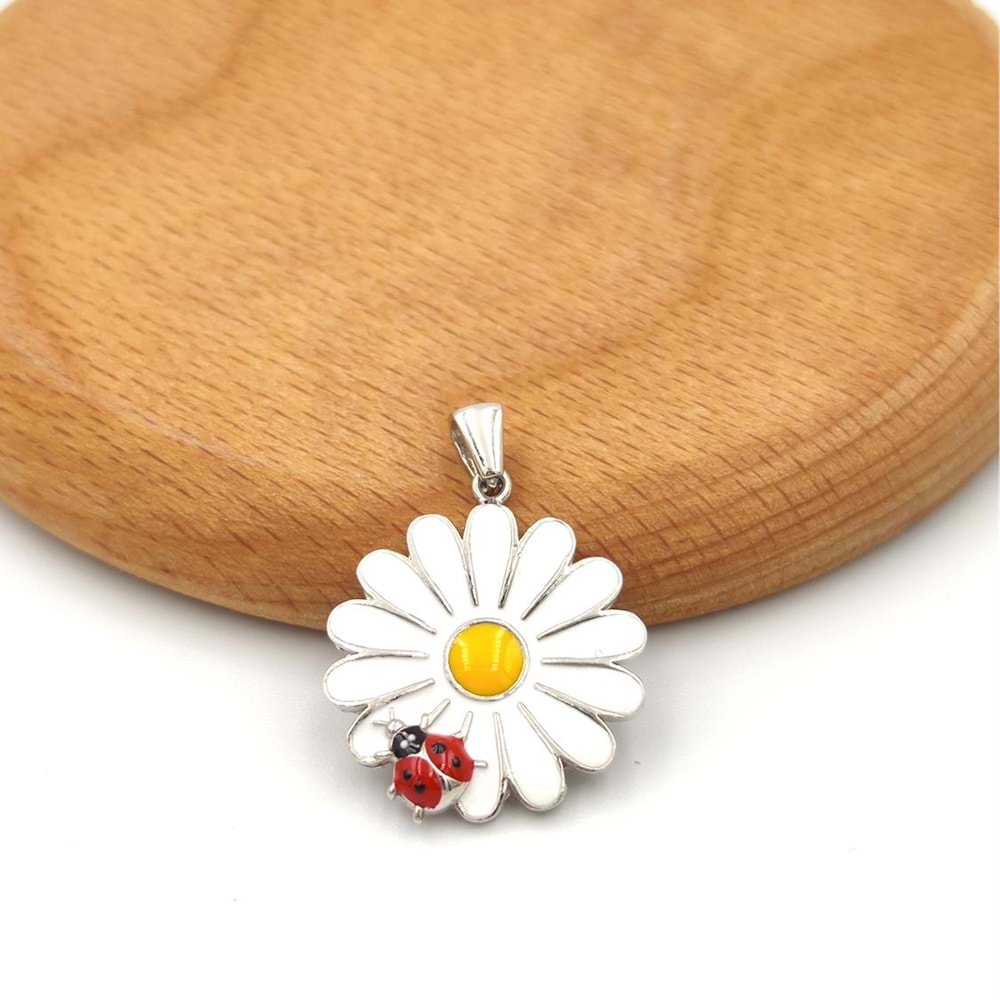 UĞUR BÖCEKLİ MİNELİ PAPATYA BÜYÜK GÜMÜŞ KOLYE UCU - RODYUM BEYAZ