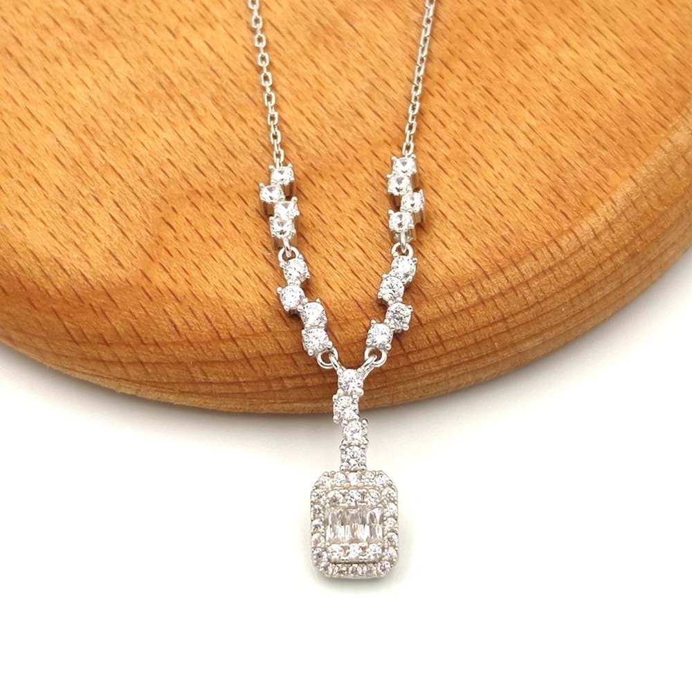 PIRLANTA MONTÜR BAGET GÜMÜŞ KOLYE - RODYUM BEYAZ