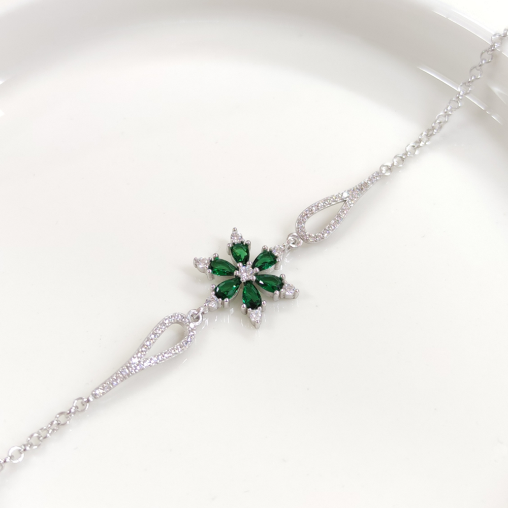 YEŞİL TAŞLI LOTUS GÜMÜŞ BİLEKLİK - RODYUM BEYAZ