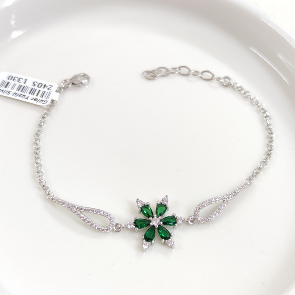 YEŞİL TAŞLI LOTUS GÜMÜŞ BİLEKLİK - RODYUM BEYAZ