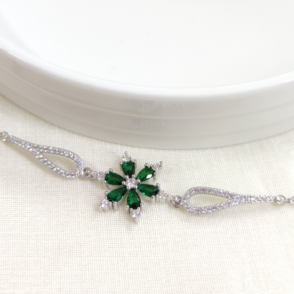 YEŞİL TAŞLI LOTUS GÜMÜŞ BİLEKLİK - RODYUM BEYAZ