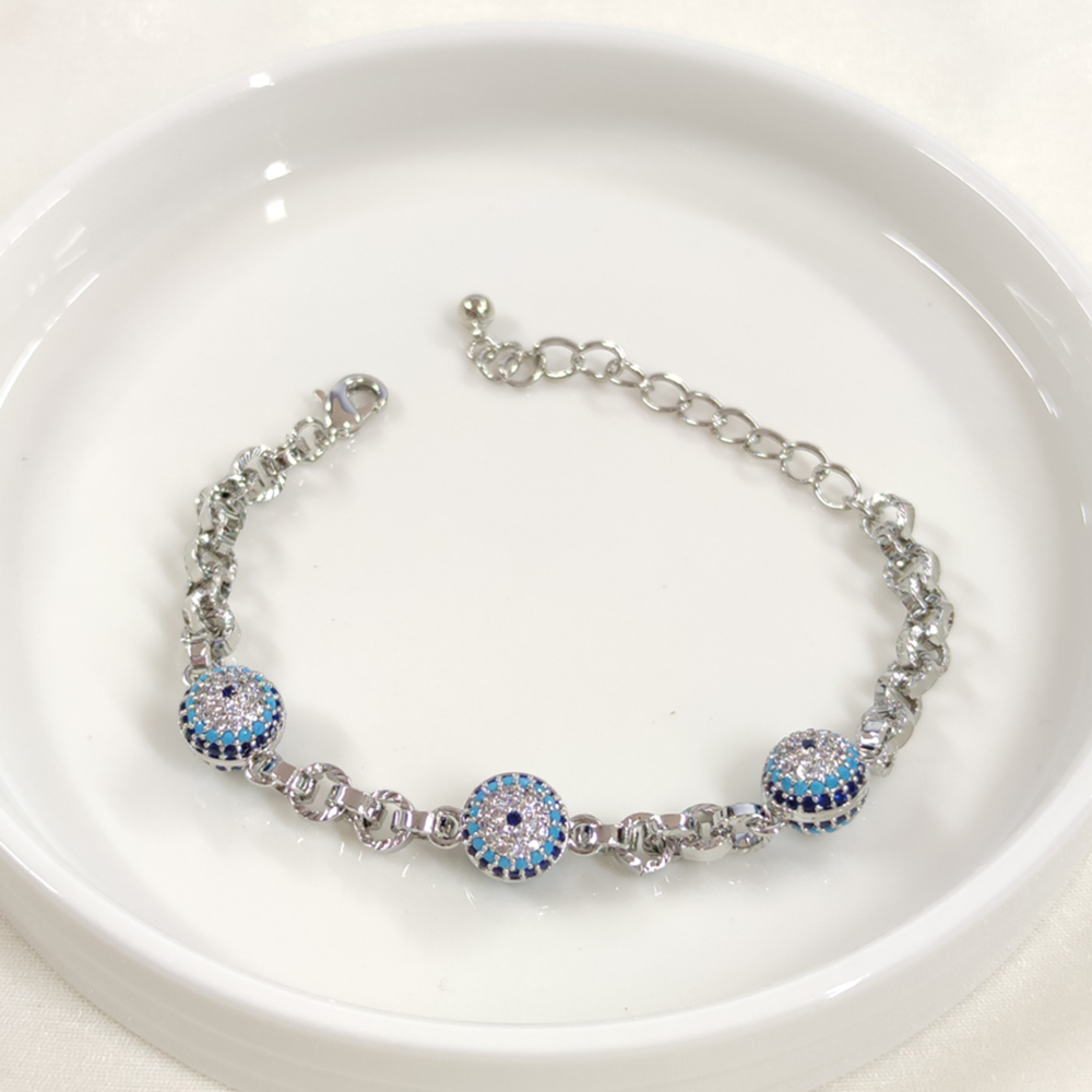 FULLYX ÜÇLÜ SOSYETE GÖZÜ NAZAR BONCUKLU BİLEKLİK 17+5 CM GOLD - BEYAZ