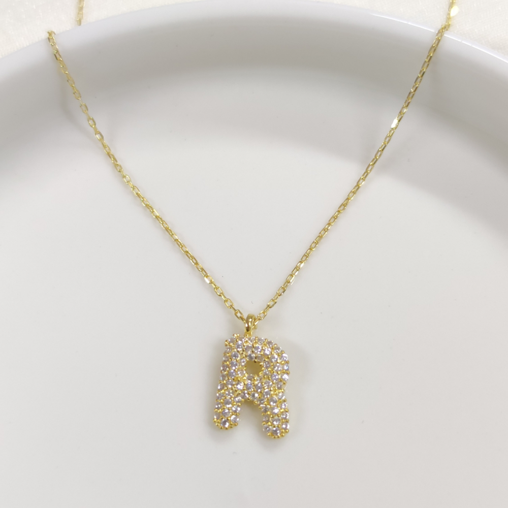 R TAŞLI GÜMÜŞ HARF KOLYE - ALTIN SARI