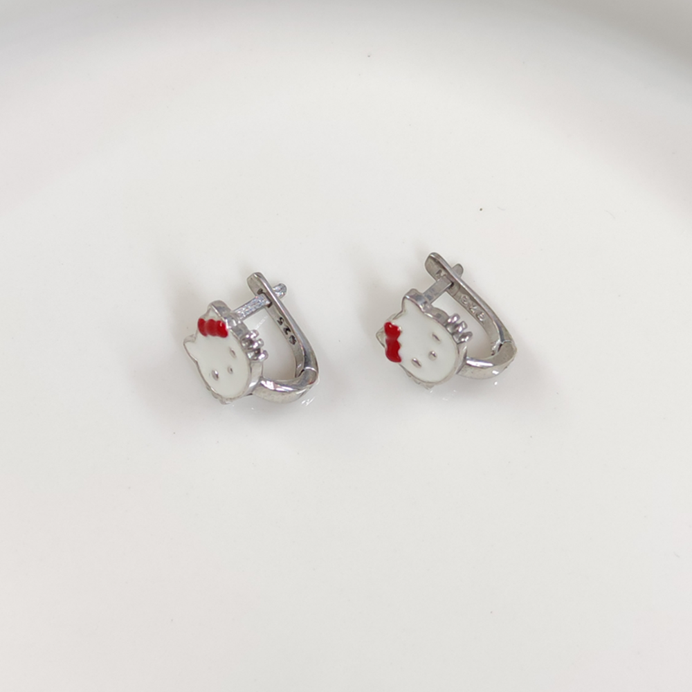 KIRMIZI TOKALI KEDİ GÜMÜŞ ÇOCUK KÜPE - RODYUM BEYAZ