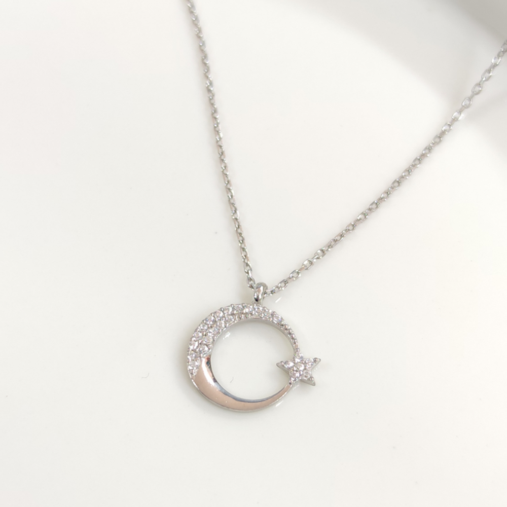 1,60 CM YARI TAŞLI MİNİ AY YILDIZ GÜMÜŞ KOLYE - RODYUM BEYAZ