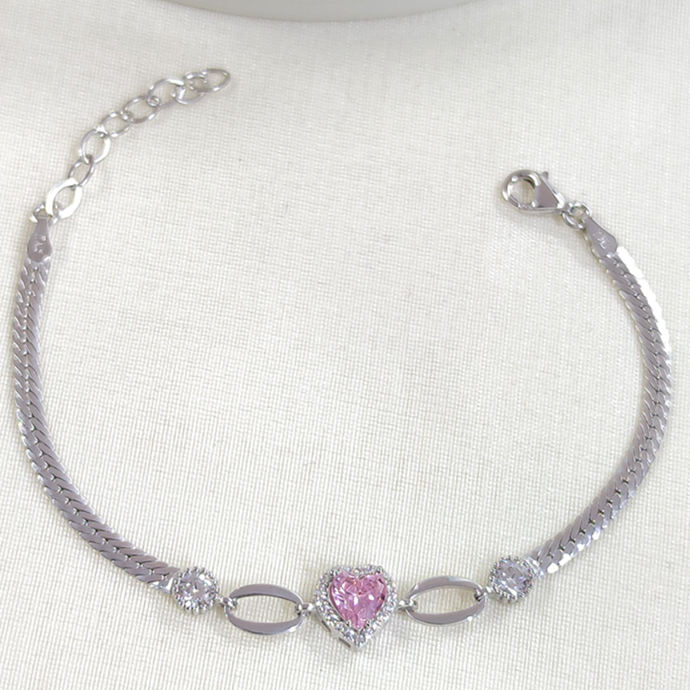 YASSI ZİNCİRLİ TAŞLI PEMBE KALP GÜMÜŞ BİLEKLİK 16 CM+3 - RODYUM BEYAZ