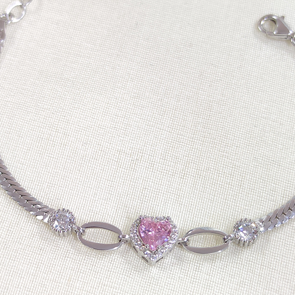 YASSI ZİNCİRLİ TAŞLI PEMBE KALP GÜMÜŞ BİLEKLİK 16 CM+3 - RODYUM BEYAZ