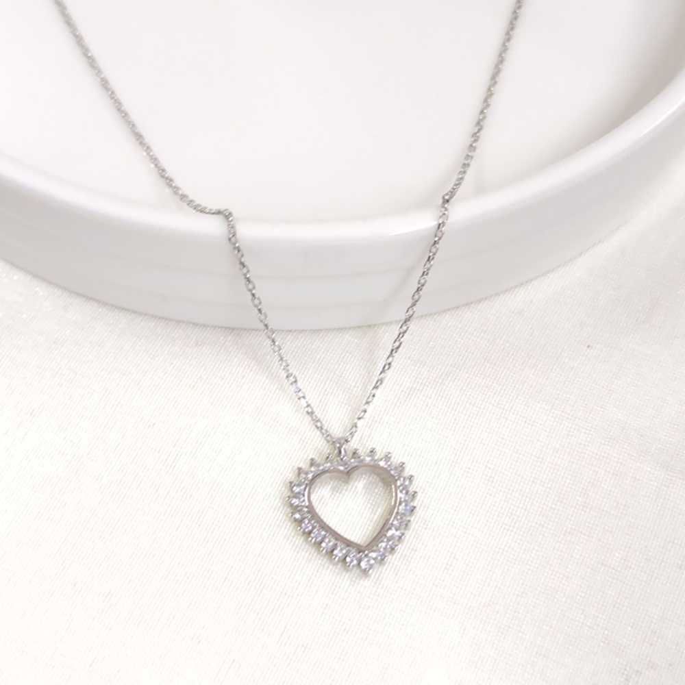 15 MM TAŞLI KALP GÜMÜŞ KOLYE 40+5 CM - RODYUM BEYAZ