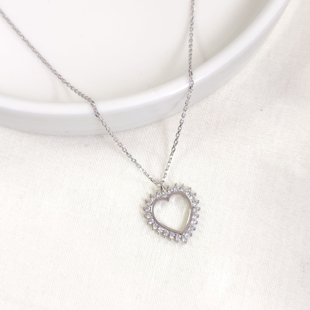15 MM TAŞLI KALP GÜMÜŞ KOLYE 40+5 CM - RODYUM BEYAZ