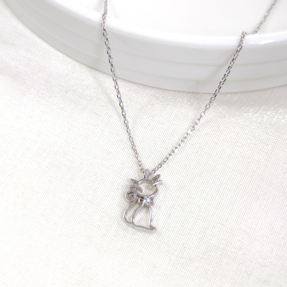 7X15 MM KEDİ GÜMÜŞ KOLYE 40+5 CM - RODYUM BEYAZ