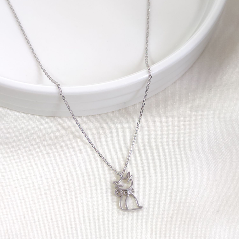 7X15 MM KEDİ GÜMÜŞ KOLYE 40+5 CM - RODYUM BEYAZ