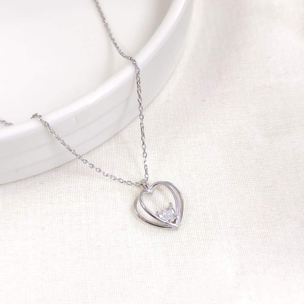 12 MM ZİRKON TAŞLI KALP GÜMÜŞ KOLYE 40+5 CM - RODYUM BEYAZ