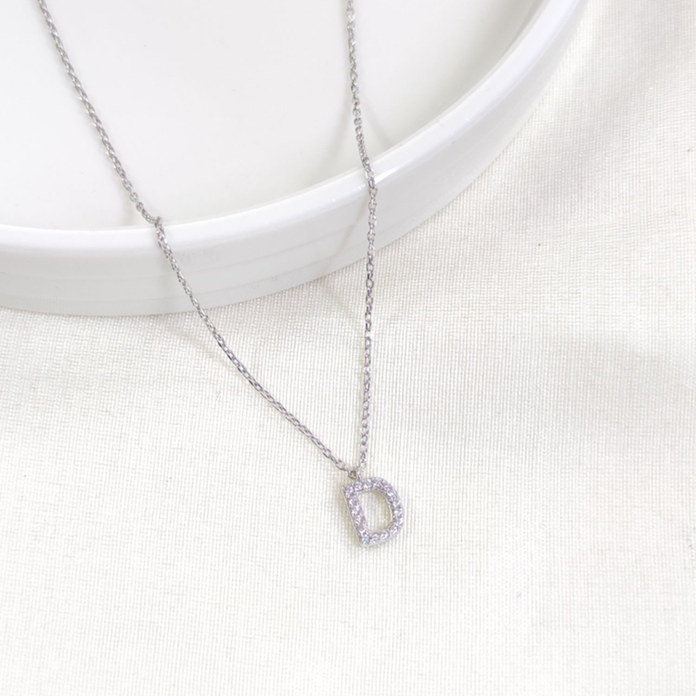 1 CM TAŞLI D HARF GÜMÜŞ KOLYE 40+5 CM - RODYUM BEYAZ