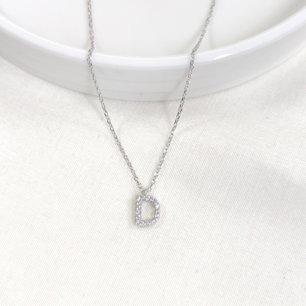 1 CM TAŞLI D HARF GÜMÜŞ KOLYE 40+5 CM - RODYUM BEYAZ