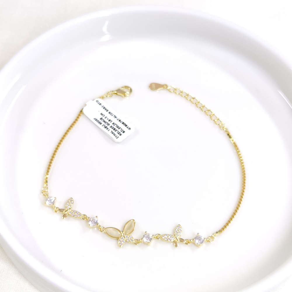 İTHAL TAŞLI SEDEF KELEBEK GÜMÜŞ BİLEKLİK 18+3 CM - ALTIN SARI