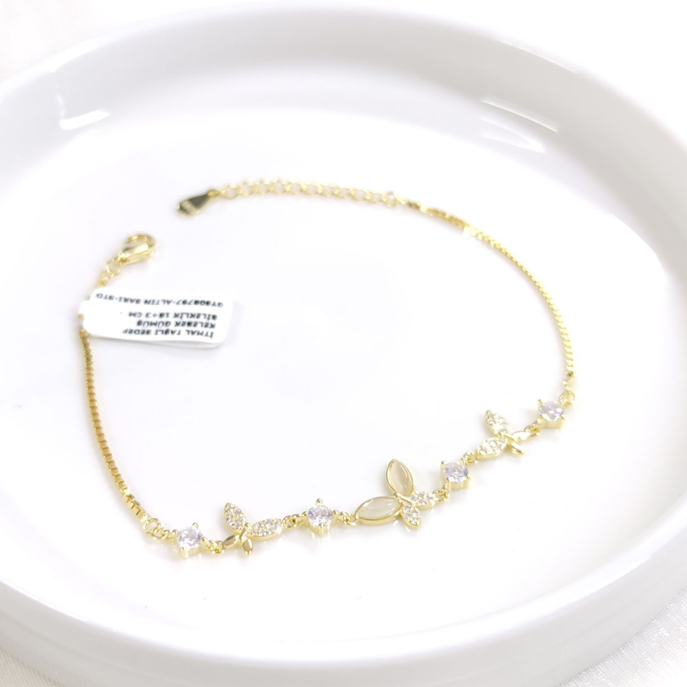 İTHAL TAŞLI SEDEF KELEBEK GÜMÜŞ BİLEKLİK 18+3 CM - ALTIN SARI
