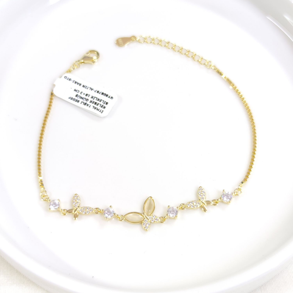 İTHAL TAŞLI SEDEF KELEBEK GÜMÜŞ BİLEKLİK 18+3 CM - ALTIN SARI