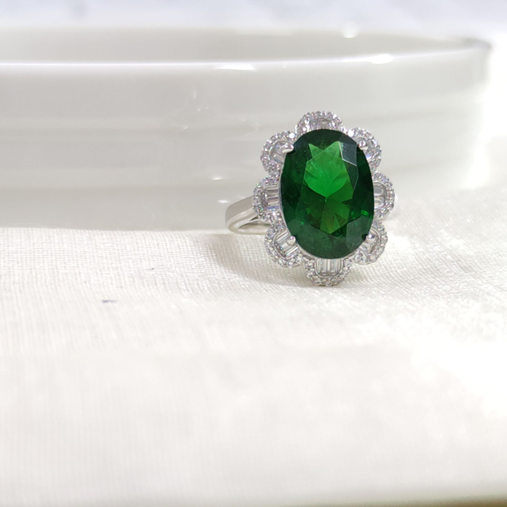 İTHAL OVAL BAGET ÇİÇEK ZÜMRÜT ZİRKON GÜMÜŞ YÜZÜK - 12