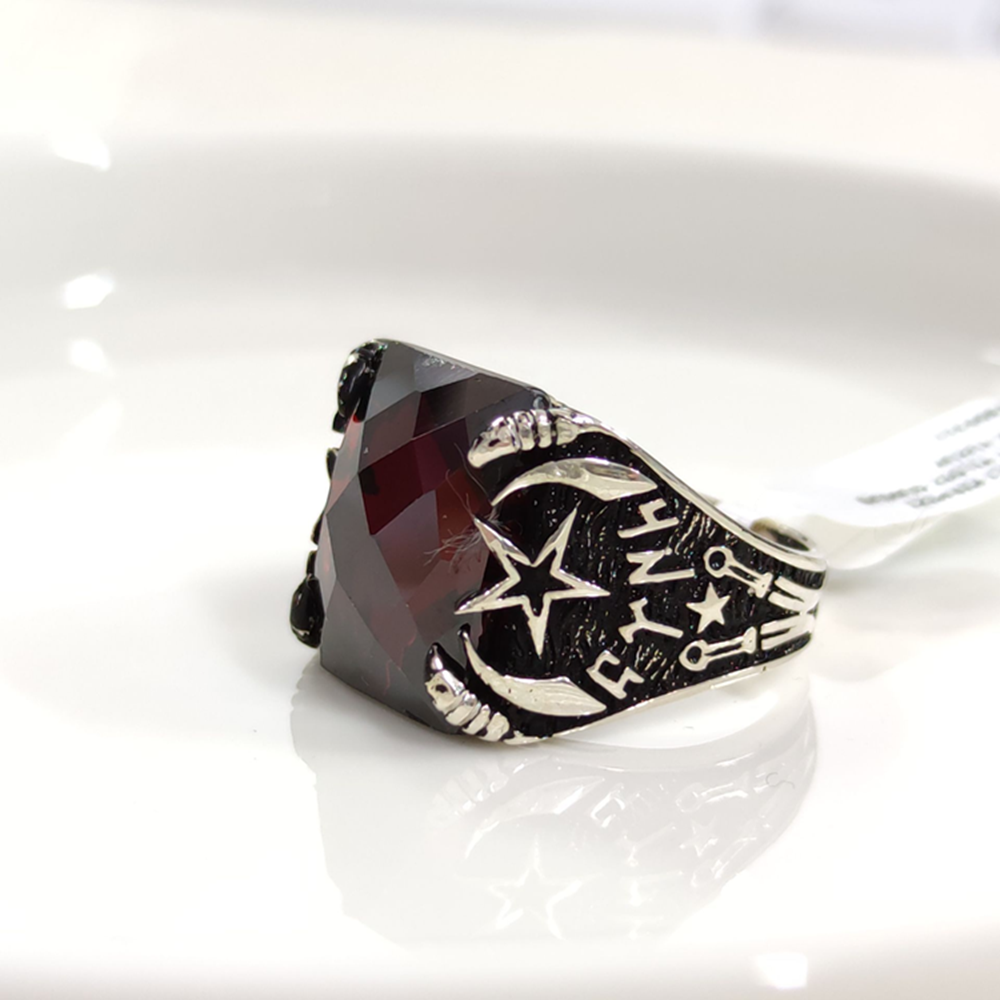 TÜRK YAZILI KIRMIZI TAŞLI AY YILDIZ GÜMÜŞ ERKEK YÜZÜK