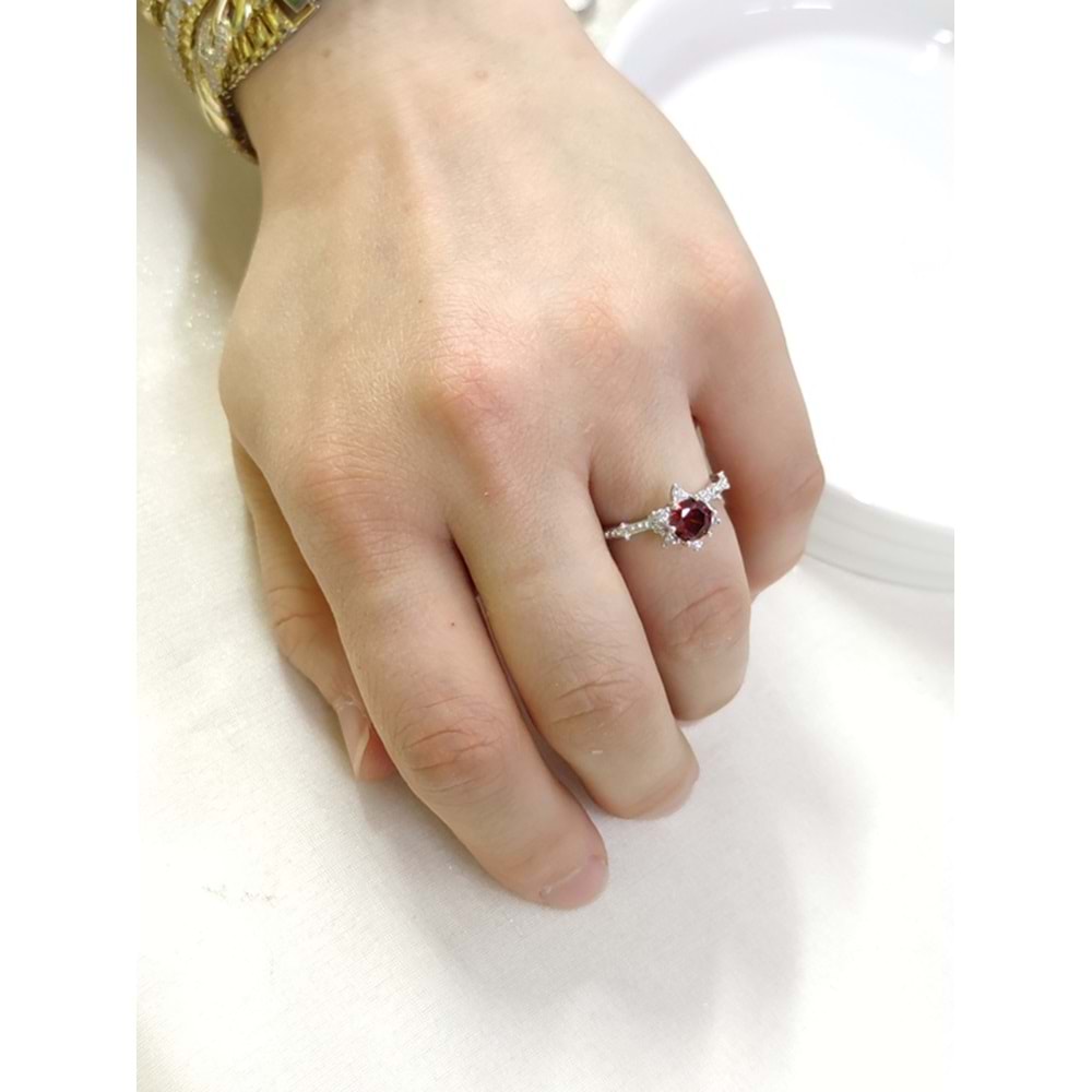 KIRMIZI ZİRKON TAŞLI ÇİÇEK LOTUS TEK TAŞ GÜMÜŞ YÜZÜK - 16