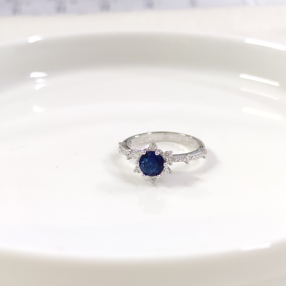 SAFİR MAVİ ZİRKON TAŞLI ÇİÇEK LOTUS TEK TAŞ GÜMÜŞ YÜZÜK - 16