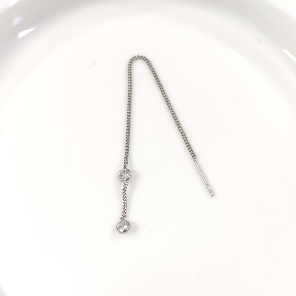 TEKLİ TAŞLI JAPON GURMET ZİNCİR GÜMÜŞ KÜPE - RODYUM BEYAZ