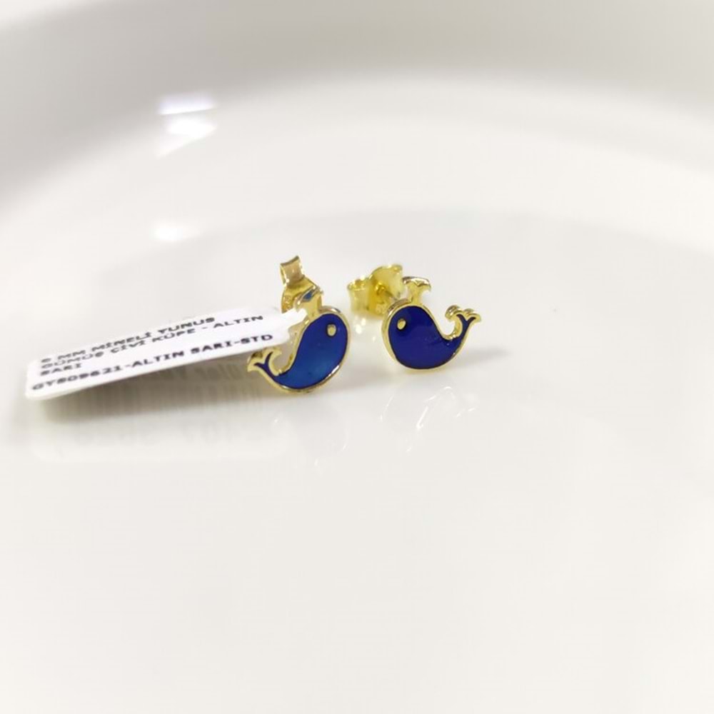 8 MM MİNELİ YUNUS GÜMÜŞ ÇİVİ KÜPE - ALTIN SARI