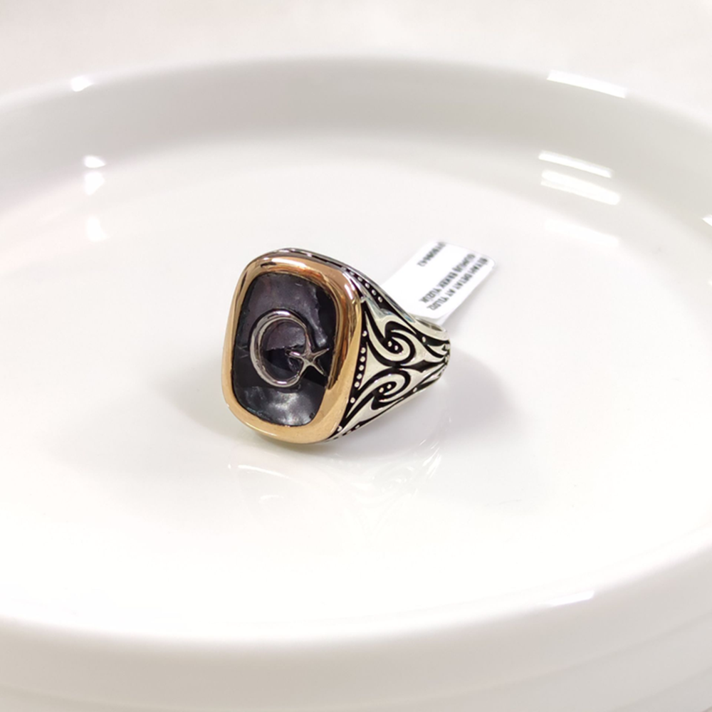 SİYAH DETAY AY YILDIZ GÜMÜŞ ERKEK YÜZÜK