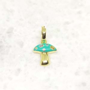 YEŞİL MİNELİ MANTAR GÜMÜŞ TEK HALKA KÜPE - ALTIN SARI