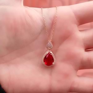 KIRMIZI TAŞLI DAMLA GÜMÜŞ KOLYE - ROSE BAKIR