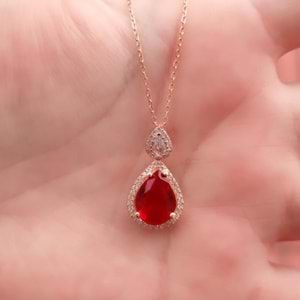 KIRMIZI TAŞLI DAMLA GÜMÜŞ KOLYE - ROSE BAKIR