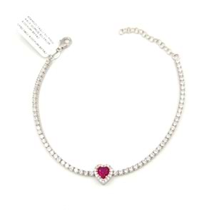 KIRMIZI TAŞLI SU YOLU KALP GÜMÜŞ BİLEKLİK - RODYUM BEYAZ