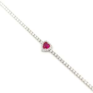 KIRMIZI TAŞLI SU YOLU KALP GÜMÜŞ BİLEKLİK - RODYUM BEYAZ