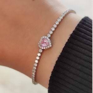 PEMBE TAŞLI SU YOLU KALP GÜMÜŞ BİLEKLİK - RODYUM BEYAZ