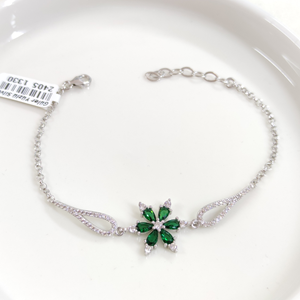 YEŞİL TAŞLI LOTUS GÜMÜŞ BİLEKLİK - RODYUM BEYAZ