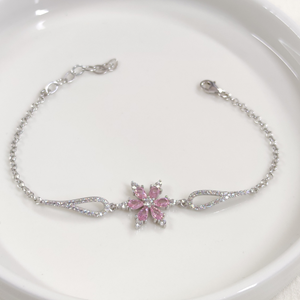 PEMBE TAŞLI LOTUS GÜMÜŞ BİLEKLİK - RODYUM BEYAZ