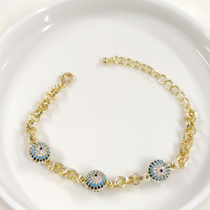 FULLYX ÜÇLÜ SOSYETE GÖZÜ NAZAR BONCUKLU BİLEKLİK 17+5 CM GOLD