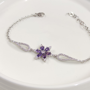 MOR LOTUS ÇİÇEK GÜMÜŞ BİLEKLİK 17+3 CM - RODYUM BEYAZ